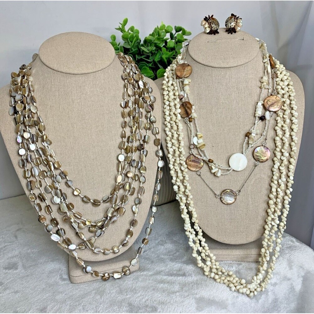 Coastal Shell Necklace & Earrings Lot Neutral Beach Boho Layered Jewelry